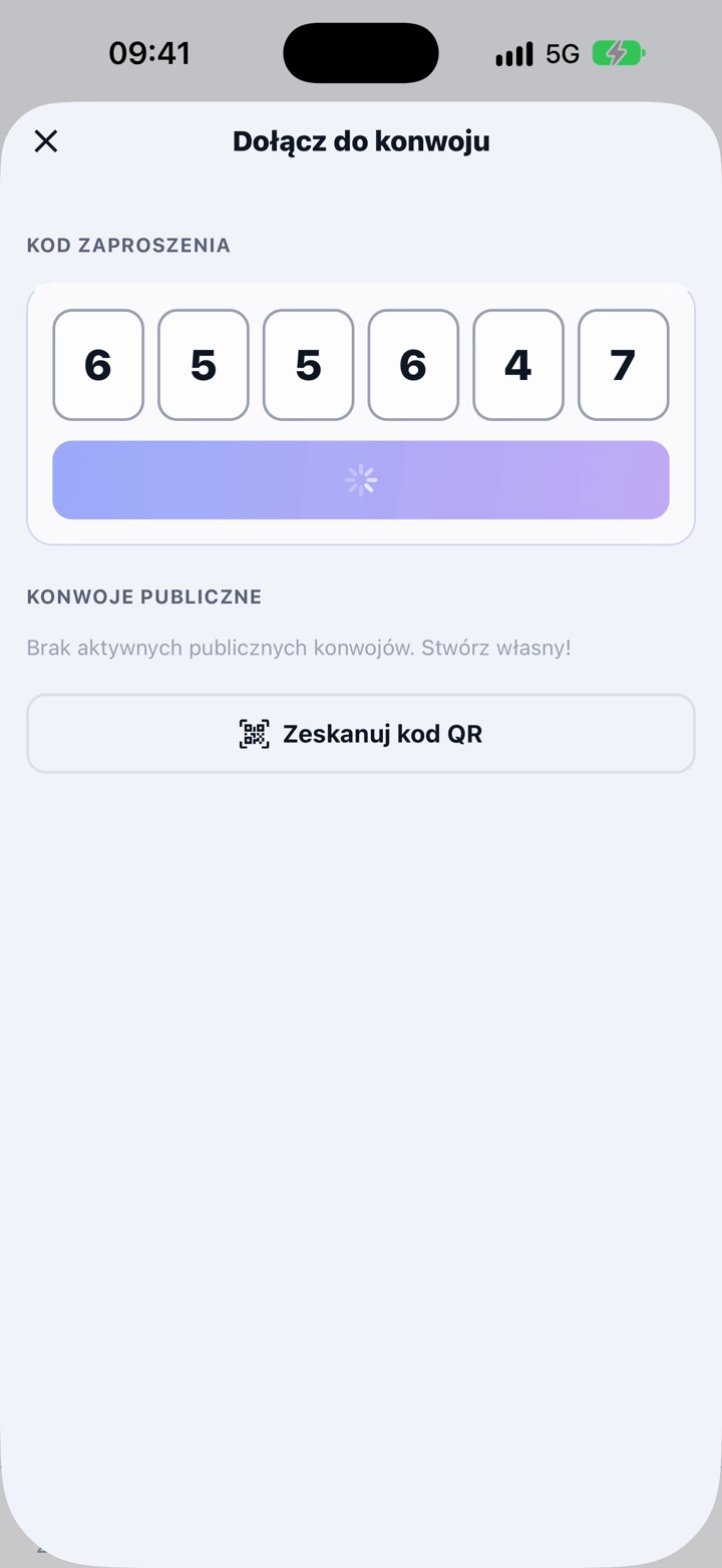 Ekran dołączania: kod konwoju 655647